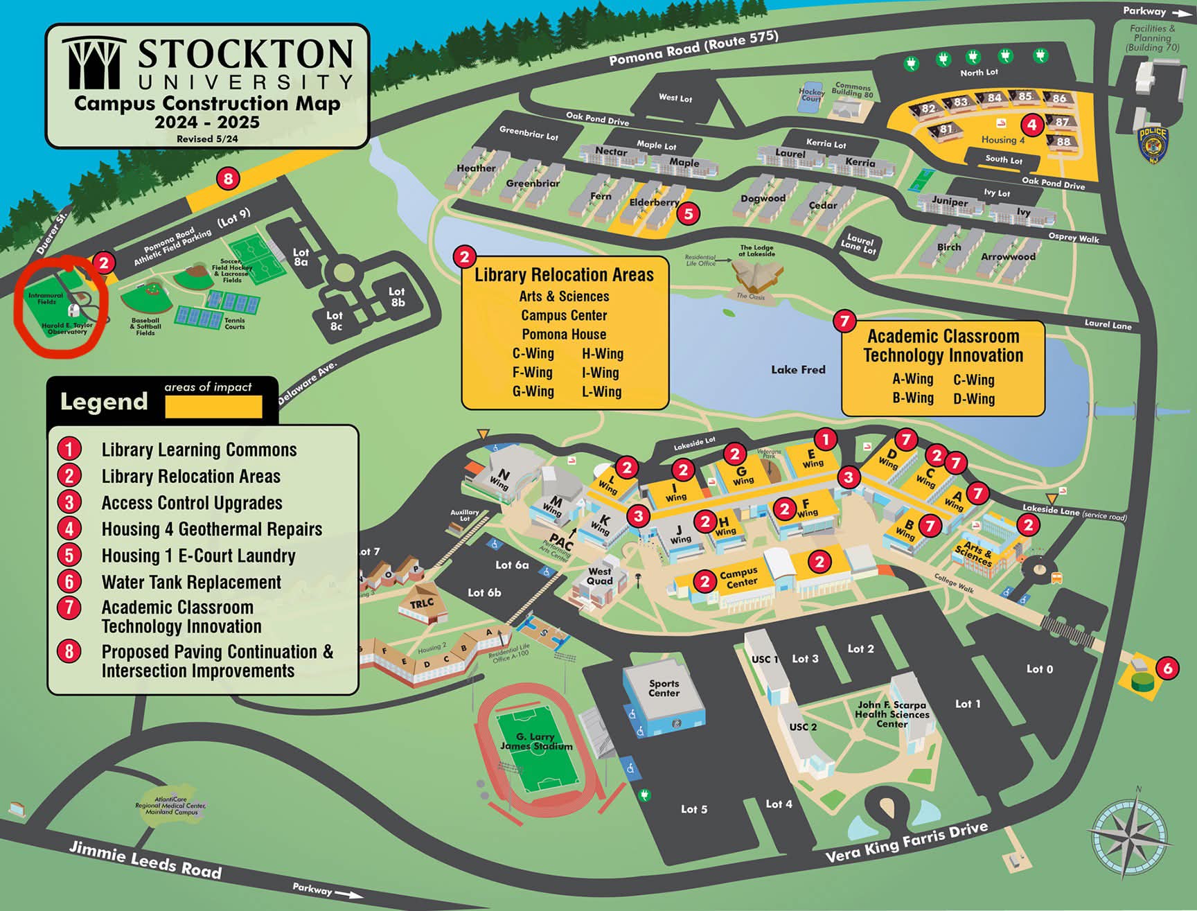 Stockton University campus map with intramural fields highlighted
